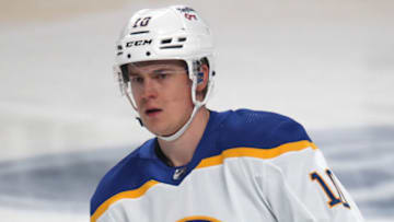 Feb 13, 2022; Montreal, Quebec, CAN; Buffalo Sabres defenseman Henri Jokiharju (10) during the warm-up session before the game against Montreal Canadiens at Bell Centre. Mandatory Credit: Jean-Yves Ahern-USA TODAY Sports