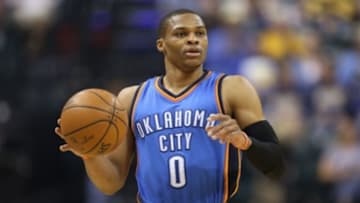 Apr 12, 2015; Indianapolis, IN, USA; Oklahoma City Thunder guard Russell Westbrook (0) brings the ball up court against the Indiana Pacers at Bankers Life Fieldhouse. Mandatory Credit: Brian Spurlock-USA TODAY Sports