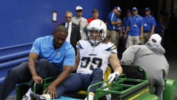 Sep 21, 2014; Orchard Park, NY, USA; San Diego Chargers running back Danny Woodhead (39) gets taken off the field after a injury against the Buffalo Bills during the first quarter at Ralph Wilson Stadium. Mandatory Credit: Timothy T. Ludwig-USA TODAY Sports