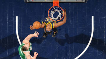 INDIANAPOLIS, IN - DECEMBER 18th: Myles Turner #33 of the Indiana Pacers shoots the ball against the Boston Celtics on December 18, 2017 at Bankers Life Fieldhouse in Indianapolis, Indiana. NOTE TO USER: User expressly acknowledges and agrees that, by downloading and or using this Photograph, user is consenting to the terms and conditions of the Getty Images License Agreement. Mandatory Copyright Notice: Copyright 2017 NBAE (Photo by Ron Hoskins/NBAE via Getty Images)