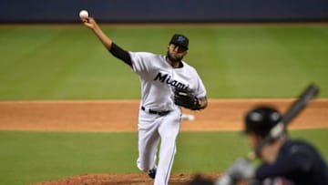 MIAMI, FL - AUGUST 08: Tayron Guerrero #56 of the Miami Marlins throws a pitch in the ninth inning against the Atlanta Braves at Marlins Park on August 8, 2019 in Miami, Florida. (Photo by Eric Espada/Getty Images)