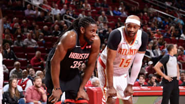 HOUSTON, TX - FEBRUARY 25 : Kenneth Faried #35 of the Houston Rockets and Vince Carter #15 of the Atlanta Hawks look on during the game on February 25, 2019 at the Toyota Center in Houston, Texas. NOTE TO USER: User expressly acknowledges and agrees that, by downloading and or using this photograph, User is consenting to the terms and conditions of the Getty Images License Agreement. Mandatory Copyright Notice: Copyright 2019 NBAE (Photo by Bill Baptist/NBAE via Getty Images)