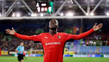 ARNHEM, NETHERLANDS - SEPTEMBER 30: Kamaldeen Sulemana of Stade Rennes celebrates 1-2 during the Conference League match between Vitesse v Rennes at the GelreDome on September 30, 2021 in Arnhem Netherlands (Photo by Rico Brouwer/Soccrates/Getty Images)
