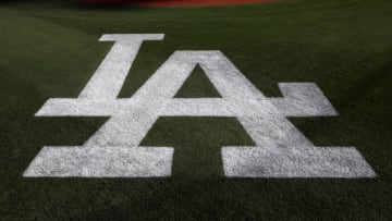 LOS ANGELES, CA - OCTOBER 10: A detail shot of the Los Angeles Dodgers logo on field before Game 3 of NLDS against the Washington Nationals at Dodger Stadium on Monday, October 10, 2016 in Los Angeles, California. (Photo by Rob Leiter/MLB Photos via Getty Images)