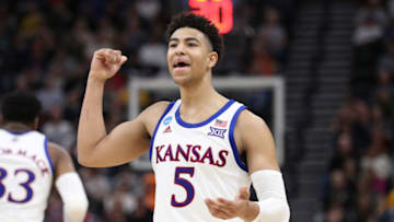 SALT LAKE CITY, UTAH - MARCH 23: Quentin Grimes #5 of the Kansas Jayhawks reacts to a play against the Auburn Tigers during their game in the Second Round of the NCAA Basketball Tournament at Vivint Smart Home Arena on March 23, 2019 in Salt Lake City, Utah. (Photo by Patrick Smith/Getty Images)