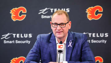 Mar 16, 2022; Calgary, Alberta, CAN; Calgary Flames General Manager Brad Treliving during interview prior to the game against the New Jersey Devils at Scotiabank Saddledome. Mandatory Credit: Sergei Belski-USA TODAY Sports