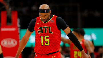 ATLANTA, GEORGIA - MARCH 06: Vince Carter #15 of the Atlanta Hawks reacts after hitting a three-point basket against the San Antonio Spurs in the second half at State Farm Arena on March 06, 2019 in Atlanta, Georgia. NOTE TO USER: User expressly acknowledges and agrees that, by downloading and or using this photograph, User is consenting to the terms and conditions of the Getty Images License Agreement. (Photo by Kevin C. Cox/Getty Images)
