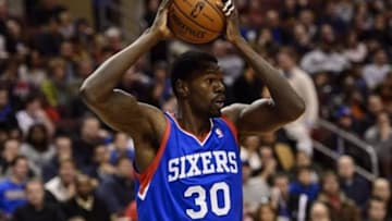 Jan 25, 2014; Philadelphia, PA, USA; Philadelphia 76ers center Dewayne Dedmon (30) looks to pass during the fourth quarter against the Oklahoma City Thunder at the Wells Fargo Center. The Thunder defeated the Sixers 103-91. Mandatory Credit: Howard Smith-USA TODAY Sports