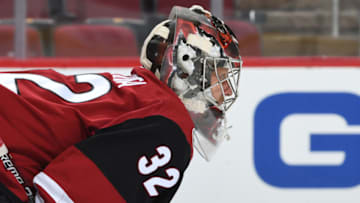 GLENDALE, ARIZONA - OCTOBER 30: Antti Raanta #32 of the Arizona Coyotes gets ready to make a save against the Montreal Canadiens at Gila River Arena on October 30, 2019 in Glendale, Arizona. (Photo by Norm Hall/NHLI via Getty Images)