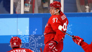 GANGNEUNG, SOUTH KOREA - FEBRUARY 25: Nikita Gusev #97 of Olympic Athlete from Russia celebrates after scoring a goal in the third period against Germany during the Men's Gold Medal Game on day sixteen of the PyeongChang 2018 Winter Olympic Games at Gangneung Hockey Centre on February 25, 2018 in Gangneung, South Korea. (Photo by Ronald Martinez/Getty Images)