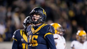 Nov 28, 2015; Berkeley, CA, USA; California Golden Bears quarterback Jared Goff (16) celebrates after a two point conversion against the Arizona State Sun Devils during the fourth quarter at Memorial Stadium. The California Golden Bears defeated the Arizona State Sun Devils 48-46. Mandatory Credit: Kelley L Cox-USA TODAY Sports