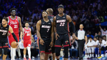 Miami Heat guard Kyle Lowry (7) and forward Jimmy Butler (22) react after a turnover(Bill Streicher-USA TODAY Sports)