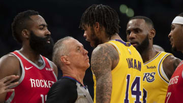 LOS ANGELES, CA - OCTOBER 20: Brandon Ingram #14 of the Los Angeles Lakers gets in the face of referee Jason Phillips #23 before a fight breaks out during the Lakers' home opener against the Houston Rockets at Staples Center in Los Angeles on Saturday, October 20, 2018. The Los Angeles Lakers defeated the Houston Rockets 124-115. (Photo by Kevin Sullivan/Digital First Media/Orange County Register via Getty Images)