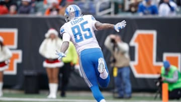Eric Ebron #85 of the Detroit Lions celebrates after a touchdown against the Cincinnati Bengals during the first half at Paul Brown Stadium on December 24, 2017 in Cincinnati, Ohio. (Photo by Joe Robbins/Getty Images)