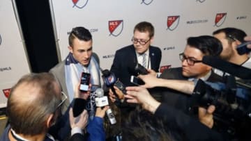 Jan 14, 2016; Baltimore, MD, USA; Jack Harrison speaks the the media after being selected number one overall by the Chicago Fire, then traded to New York City FC during the 2016 MLS SuperDraft at Baltimore Convention Center. Mandatory Credit: Geoff Burke-USA TODAY Sports