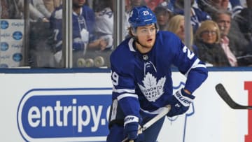 TORONTO, ON - APRIL 23: William Nylander #29 of the Toronto Maple Leafs skates with the puck against the Boston Bruins in Game Six of the Eastern Conference First Round in the 2018 Stanley Cup Play-offs at the Air Canada Centre on April 23, 2018 in Toronto, Ontario, Canada. The Maple Leafs defeated the Bruins 3-1.(Photo by Claus Andersen/Getty Images) *** Local Caption *** William Nylander