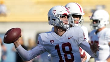 Nov 19, 2022; Berkeley, California, USA; Stanford Cardinal quarterback Tanner McKee (18) warms up before the game against the California Golden Bears at FTX Field at California Memorial Stadium. Mandatory Credit: Darren Yamashita-USA TODAY Sports