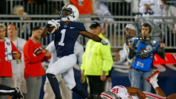 STATE COLLEGE, PA - SEPTEMBER 29: KJ Hamler #1 of the Penn State Nittany Lions scores on a 93 yard touchdown pass in the first half against Isaiah Pryor #12 of the Ohio State Buckeyes on September 29, 2018 at Beaver Stadium in State College, Pennsylvania. (Photo by Justin K. Aller/Getty Images)
