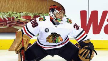 Marc-Andre Fleury #29 of the Chicago Blackhawks stretches in warmups prior to the game against the New Jersey Devils at the Prudential Center on October 15, 2021 in Newark, New Jersey. (Photo by Bruce Bennett/Getty Images)
