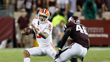 COLLEGE STATION, TX - SEPTEMBER 08: Kelly Bryant #2 of the Clemson Tigers avoids the tackle attempt by Landis Durham #46 of the Texas A&M Aggies in the fourth quarter at Kyle Field on September 8, 2018 in College Station, Texas. (Photo by Bob Levey/Getty Images)