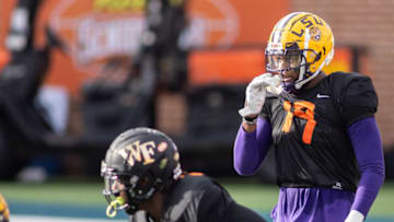 Jan 27, 2021; American linebacker Jabril Cox of LSU (19) approaches the line during American practice at Hancock Whitney Stadium in Mobile, Alabama, USA; Mandatory Credit: Vasha Hunt-USA TODAY Sports