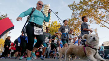 SAN JOSE, CA - OCTOBER 6: A general view of a runner with her two dogs at the start line during the Michelob Ultra Rock 'n' Roll San Jose 5k presented by Brooks Running, Marathon & 1/2 Marathon at Cesar Chavez Park on October 6, 2018 in San Jose, California. (Photo by Donald Miralle/Getty Images of Rock 'n' Roll)