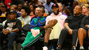 Former Miami Heat and current Los Angeles Lakers guard Lebron James looks on with agent Rich Paul during the BIG3 championship game (Photo by Brian Rothmuller/Icon Sportswire via Getty Images)
