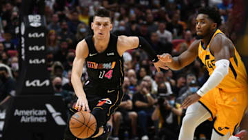 Miami Heat guard Tyler Herro (14) drives against Utah Jazz guard Donovan Mitchell (45)(Jim Rassol-USA TODAY Sports)