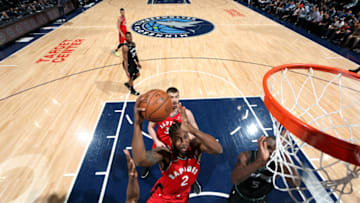 MINNEAPOLIS, MN - APRIL 9: Kawhi Leonard #2 of the Toronto Raptors shoots the ball during the game against the Minnesota Timberwolves. Copyright 2019 NBAE (Photo by David Sherman/NBAE via Getty Images)