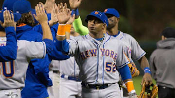 Sep 30, 2016; Philadelphia, PA, USA; New York Mets left fielder Yoenis Cespedes (52) celebrates a victory against the Philadelphia Phillies at Citizens Bank Park. The New York Mets won 5-1. Mandatory Credit: Bill Streicher-USA TODAY Sports