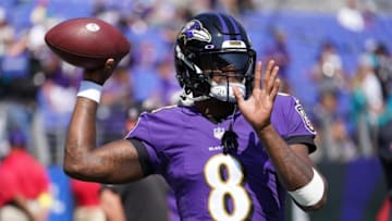 Sep 18, 2022; Baltimore, Maryland, USA; Baltimore Ravens quarterback Lamar Jackson (8) warms up prior to the game against the Miami Dolphins at M&T Bank Stadium. Mandatory Credit: Mitch Stringer-USA TODAY Sports