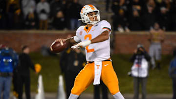 COLUMBIA, MISSOURI - NOVEMBER 23: Quarterback Jarrett Guarantano #2 of the Tennessee Volunteers passes against the Missouri Tigers in the first quarter at Faurot Field/Memorial Stadium on November 23, 2019 in Columbia, Missouri. (Photo by Ed Zurga/Getty Images)