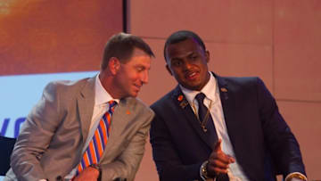 Jul 22, 2016; Charlotte, NC, USA; Clemson Tigers head coach Dabo Swinney talks with quarterback Deshaun Watson during the ACC Football Kickoff at Westin Charlotte. Mandatory Credit: Jeremy Brevard-USA TODAY Sports