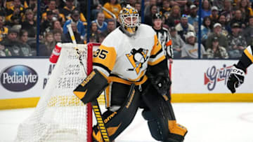 COLUMBUS, OHIO - APRIL 13: Tristan Jarry #35 of the Pittsburgh Penguins looks on during the second period against the Columbus Blue Jackets at Nationwide Arena on April 13, 2023 in Columbus, Ohio. (Photo by Jason Mowry/Getty Images)