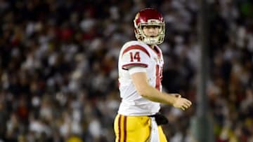 PASADENA, CA - JANUARY 02: Quarterback Sam Darnold #14 of the USC Trojans reacts after a fumble in the fourth quarter against the Penn State Nittany Lions during the 2017 Rose Bowl Game presented by Northwestern Mutual at the Rose Bowl on January 2, 2017 in Pasadena, California. (Photo by Harry How/Getty Images)