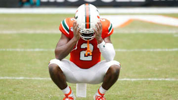 MIAMI, FLORIDA - OCTOBER 19: K.J. Osborn #2 of the Miami Hurricanes reacts after losing to the Georgia Tech Yellow Jackets 28-21 in overtime at Hard Rock Stadium on October 19, 2019 in Miami, Florida. (Photo by Michael Reaves/Getty Images)