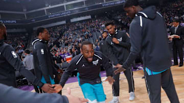 SACRAMENTO, CA - JANUARY 2: Kemba Walker #15 of the Charlotte Hornets gets introduced into the starting lineup against the Sacramento Kings on January 2, 2018 at Golden 1 Center in Sacramento, California. Copyright 2018 NBAE (Photo by Rocky Widner/NBAE via Getty Images)