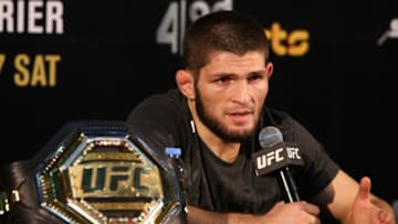 ABU DHABI, UNITED ARAB EMIRATES - SEPTEMBER 06: Khabib Nurmagomedov holds a press conference after his UFC Lightweight Championship match against Dustin Poirier (not seen) at Yas Island in Abu Dhabi, United Arab Emirates on September 6, 2019. (Photo by Stringer/Anadolu Agency via Getty Images)