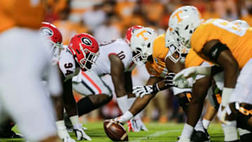 KNOXVILLE, TENNESSEE - OCTOBER 05: The University of Tennessee Volunteers offensive line faces the Georgia Bulldogs defensive line durring the first quarter of the game at Neyland Stadium on October 05, 2019 in Knoxville, Tennessee. (Photo by Silas Walker/Getty Images)