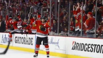 May 18, 2014; Chicago, IL, USA; Chicago Blackhawks defenseman Duncan Keith (2) reacts after scoring a goal against the Los Angeles Kings during the second period in game one of the Western Conference Final of the 2014 Stanley Cup Playoffs at United Center. Mandatory Credit: Mike DiNovo-USA TODAY Sports