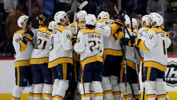 Members of the Nashville Predators celebrate their shoot out win over the Colorado Avalanche at Ball Arena on April 28, 2022 in Denver, Colorado. (Photo by Matthew Stockman/Getty Images)