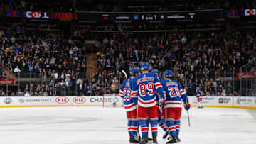 NEW YORK, NY - FEBRUARY 05: The New York Rangers celebrate a first period goal by Chris Kreider #20 against the Toronto Maple Leafs at Madison Square Garden on February 5, 2020 in New York City. (Photo by Jared Silber/NHLI via Getty Images)