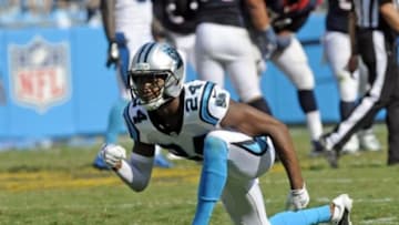 Sep 20, 2015; Charlotte, NC, USA; Carolina Panthers cornerback Josh Norman (24) celebrates after breaking up a pass play during the second half of the game against the Houston Texans at Bank of America Stadium. Panthers win 24-17. Mandatory Credit: Sam Sharpe-USA TODAY Sports