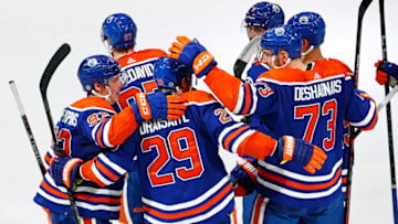 The Edmonton Oilers celebrate a goal scored by forward Connor McDavid (97) vs The Arizona Coyotes. Mandatory Credit: Perry Nelson-USA TODAY Sports