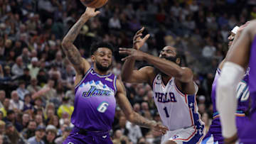 Jan 14, 2023; Salt Lake City, Utah, USA; Utah Jazz guard Nickeil Alexander-Walker (6) knocks the ball away from Philadelphia 76ers guard James Harden (1) during the second quarter at Vivint Arena. Mandatory Credit: Chris Nicoll-USA TODAY Sports