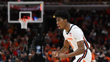 CHICAGO, ILLINOIS - MARCH 09: Sencire Harris #1 of the Illinois Fighting Illini reacts after scoring in the first half against the Penn State Nittany Lions at United Center on March 09, 2023 in Chicago, Illinois. (Photo by Quinn Harris/Getty Images)