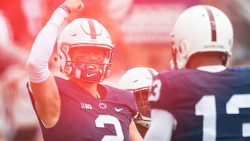 UNIVERSITY PARK, PA - SEPTEMBER 02: Tommy Stevens #2 of the Penn State Nittany Lions celebrates a touchdown run with Saeed Blacknall #13 during the second half against the Akron Zips on September 2, 2017 at Beaver Stadium in University Park, Pennsylvania. Penn State defeats Akron 52-0. (Photo by Brett Carlsen/Getty Images)