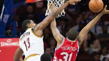 Nov 2, 2015; Philadelphia, PA, USA; Cleveland Cavaliers center Tristan Thompson (13) defends the shot attempt of Philadelphia 76ers guard Hollis Thompson (31) during the second quarter at Wells Fargo Center. Mandatory Credit: Bill Streicher-USA TODAY Sports