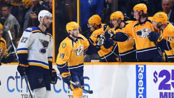 Nov 10, 2016; Nashville, TN, USA; Nashville Predators center Calle Jarnkrok (19) is congratulated by teammates after a goal during the second period against the St. Louis Blues at Bridgestone Arena. Mandatory Credit: Christopher Hanewinckel-USA TODAY Sports
