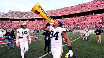 COLUMBUS, OHIO - NOVEMBER 26: Kris Jenkins #94 of the Michigan Wolverines celebrates a 45-23 victory over the Ohio State Buckeyes at Ohio Stadium on November 26, 2022 in Columbus, Ohio. (Photo by Ben Jackson/Getty Images)